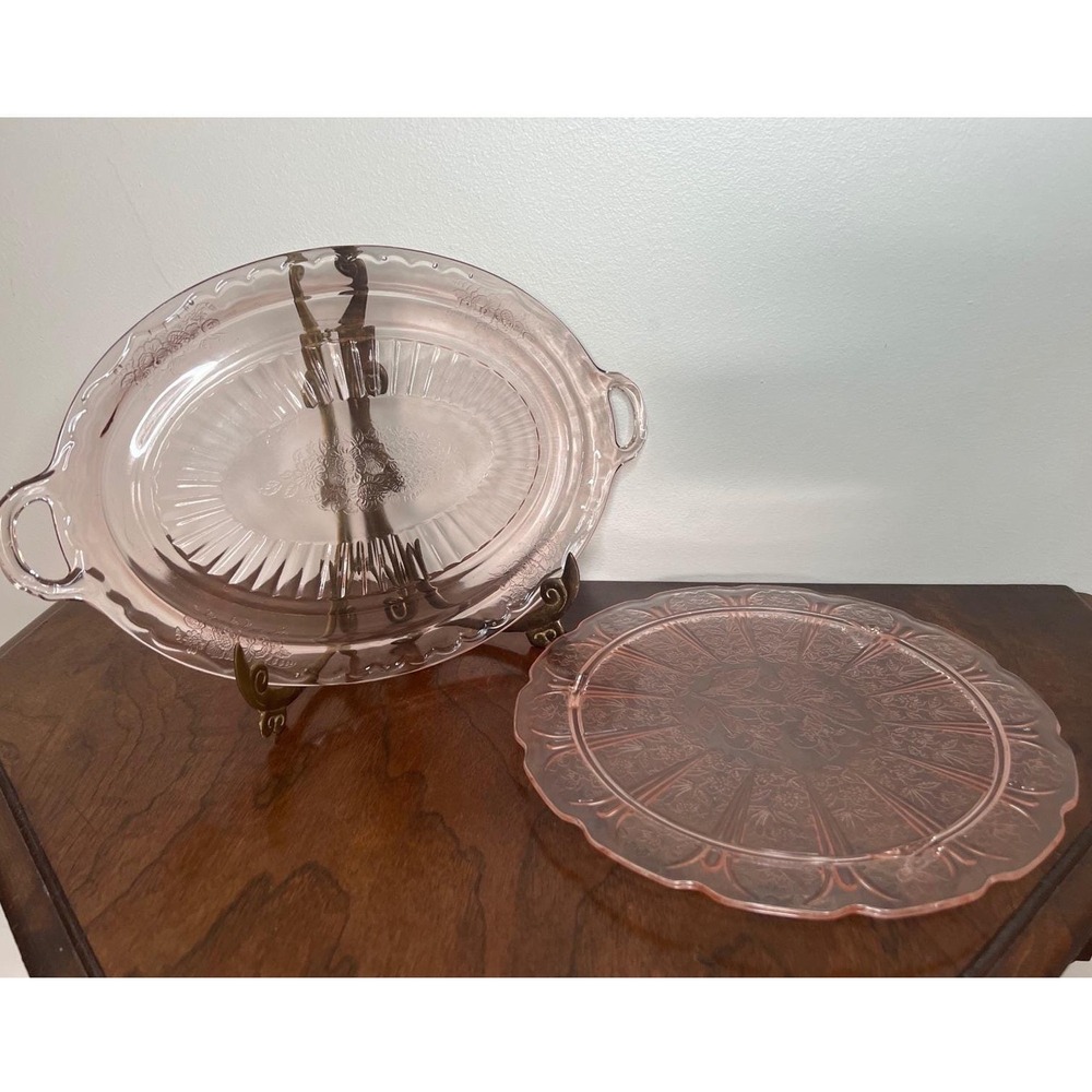 Pink Depression Glass Floral Etching Tray and Platter Set Vintage Serving Plates